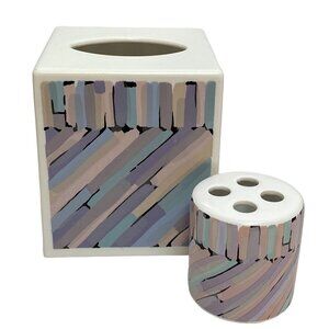 Tissue Box Cover and Toothbrush Holder Vintage Modern Purple Print